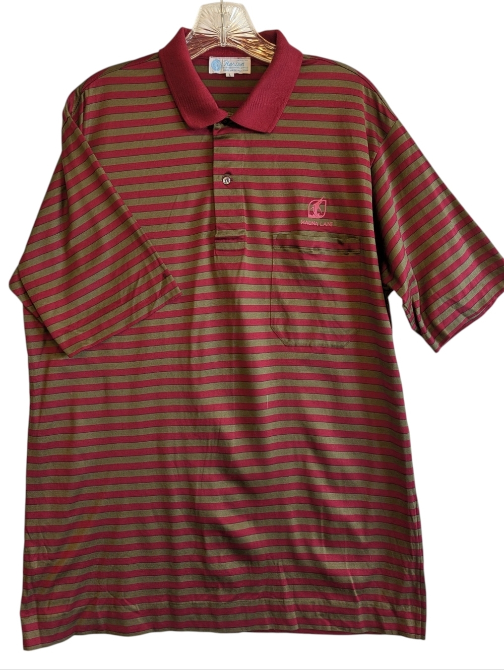 Vintage Herion Mauna Lani Men's Polo Short Sleeve Stripe Burgundy / Khaki Green